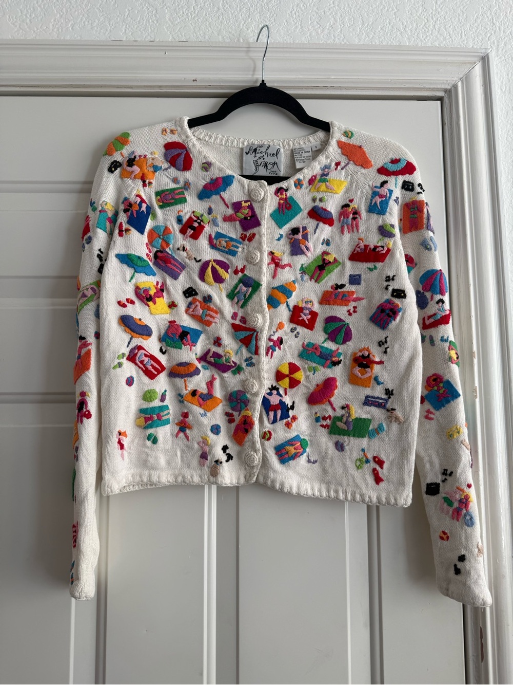Michael Simon White Cardigan with Multicolor Beach Embroidery - Picture 2 of 5